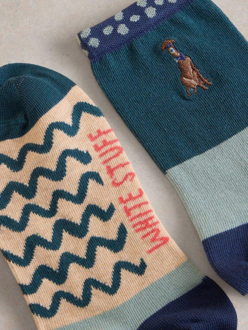 An image of the White Stuff Embroidered Dog Ankle Socks in Teal Multi.