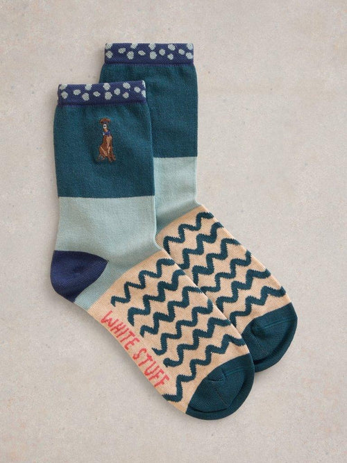 An image of the White Stuff Embroidered Dog Ankle Socks in Teal Multi.