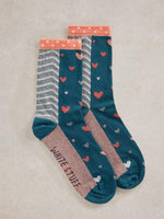 An image of the White Stuff Heart Hotch Potch Ankle Socks in Teal Multi.