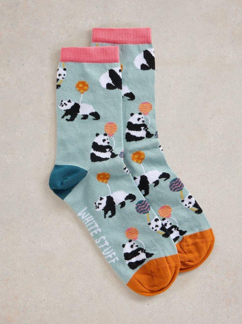 An image of the White Stuff Panda Party Ankle Socks in Blue Multi.