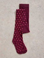 An image of the White Stuff Polka Dot Tights in Plum Multi.