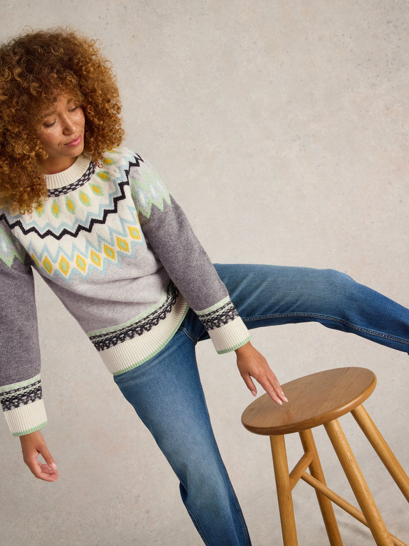 An image of the White Stuff Sunset Fairisle Jumper in Grey Multi.