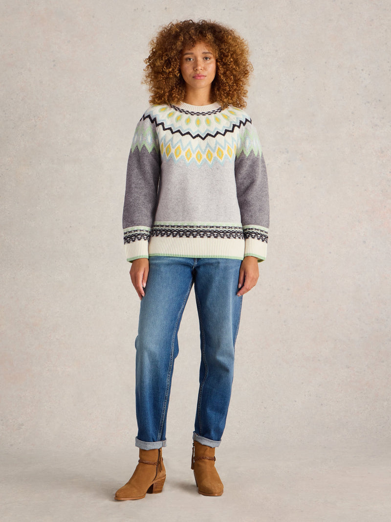 An image of the White Stuff Sunset Fairisle Jumper in Grey Multi.