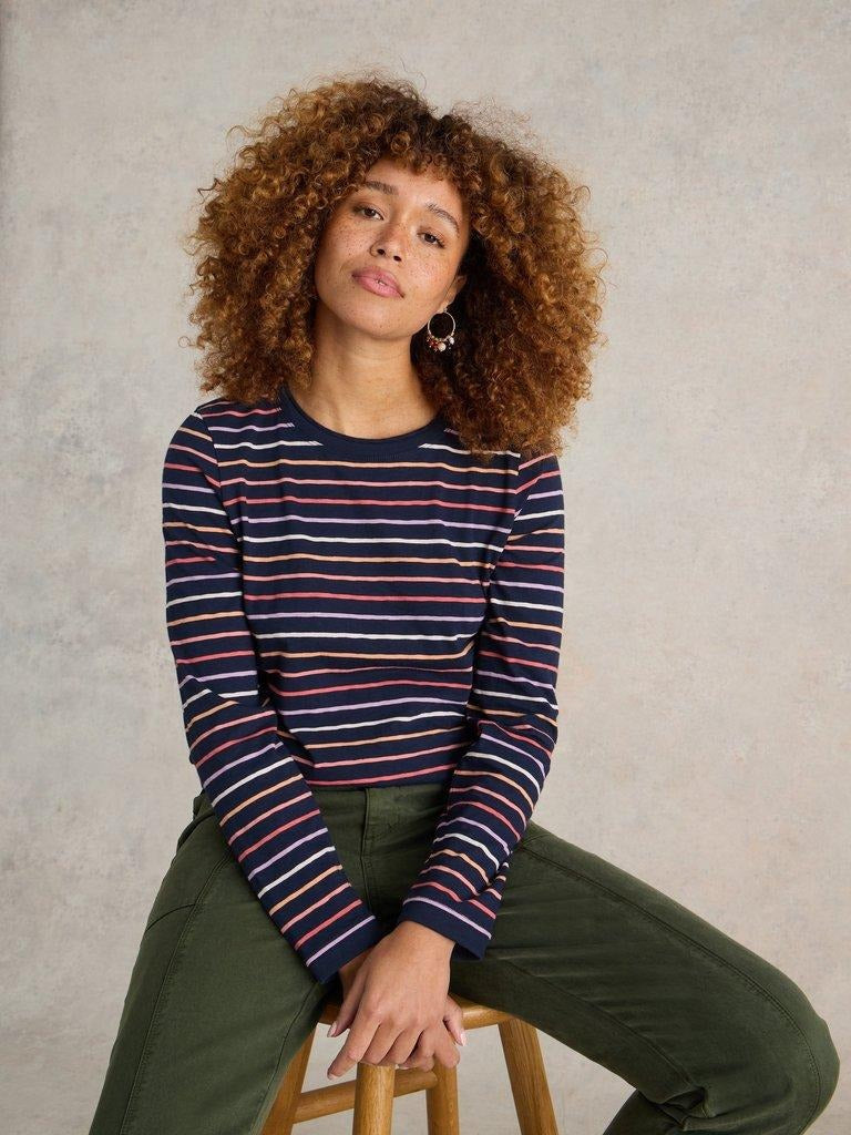 An image of the White Stuff Clara Stripe Long Sleeve Tee in Navy Multi.