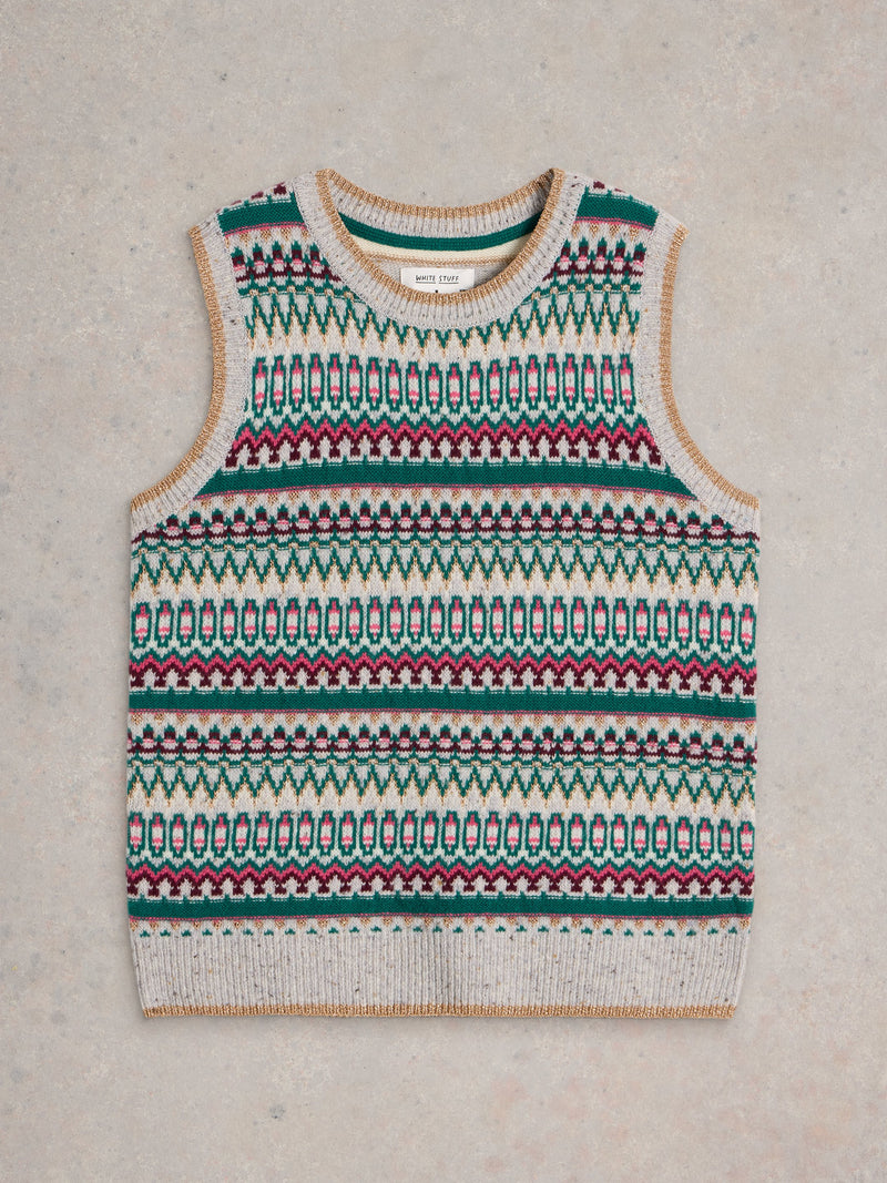 An image of the White Stuff Fay Sparkle Fairisle Tank in Grey Multi.