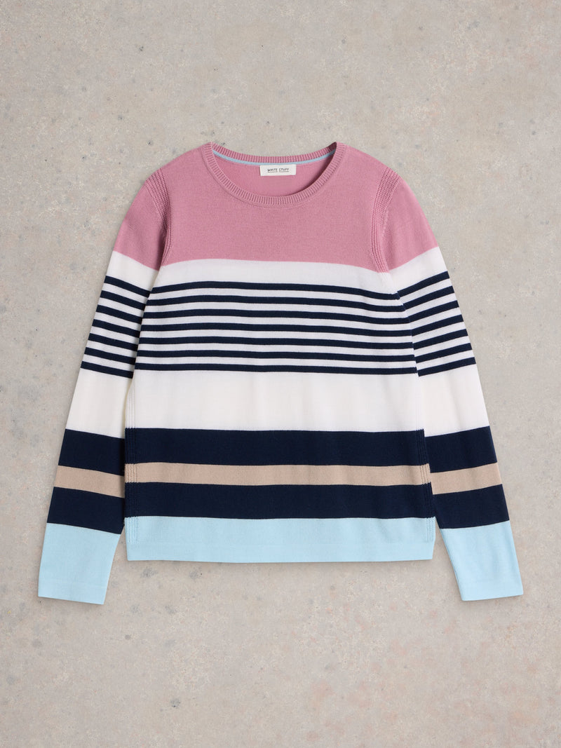 An image of the White Stuff Stripe Crew Merino in Pink Multi.