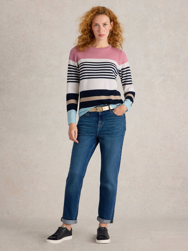 An image of the White Stuff Stripe Crew Merino in Pink Multi.