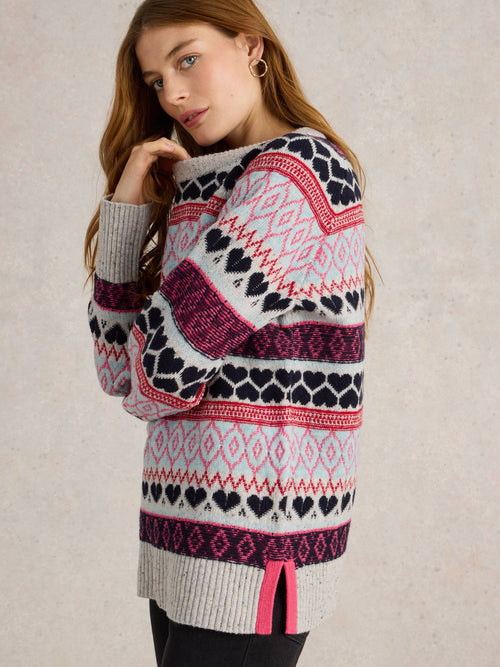 An image of the White Stuff Gabby Longline Fairisle in Grey Multi.