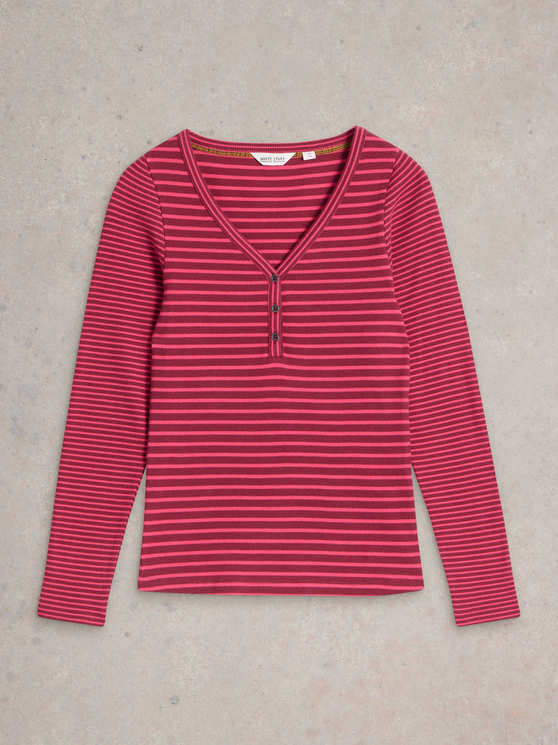 An image of the White Stuff Halley Rib Stripe Henley in Pink Multi.