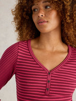 An image of the White Stuff Halley Rib Stripe Henley in Pink Multi.