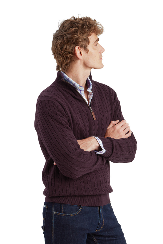 An image of the Schoffel Calton Cotton Cashmere Cable 1/4 Zip Jumper in Wine.