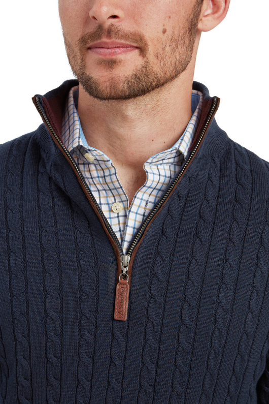 An image of the Schoffel Calton Cotton Cashmere Cable 1/4 Zip Jumper in Petrol Blue.