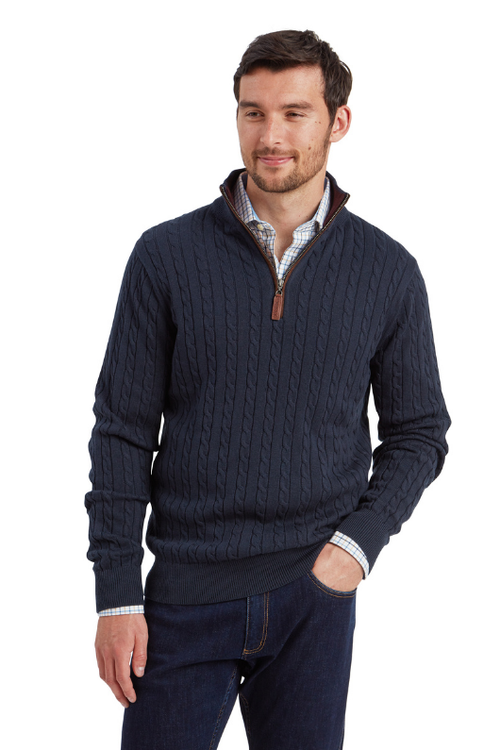 An image of the Schoffel Calton Cotton Cashmere Cable 1/4 Zip Jumper in Petrol Blue.