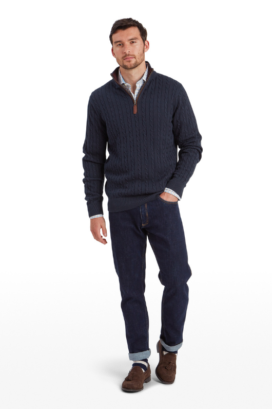 An image of the Schoffel Calton Cotton Cashmere Cable 1/4 Zip Jumper in Petrol Blue.