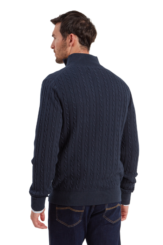 An image of the Schoffel Calton Cotton Cashmere Cable 1/4 Zip Jumper in Petrol Blue.