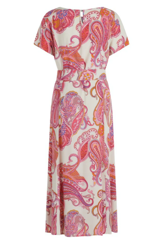 An image of the Betty Barclay Cap Sleeve Dress in midi length with pink paisley print.