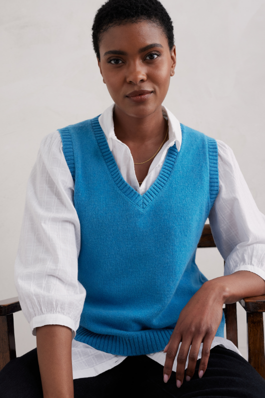 An image of the Seasalt East View V-Neck Vest in Sailboats.