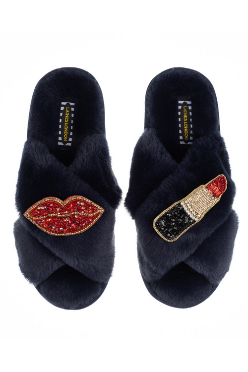 An image of the Laines Of London Classic Slippers Pucker Up in Navy.