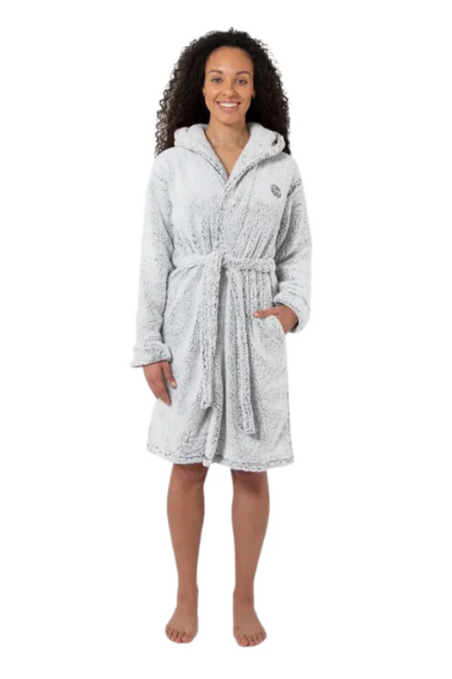 An image of the Bedroom Athletics Samantha Dressing Gown in the colour Grey.