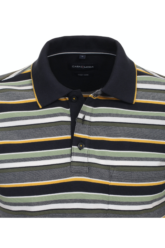 Casa Moda Striped Polo. A casual fit polo with short sleeves, collar, button placket, and yellow multicoloured striped pattern.