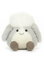 Jellycat Amuseabean Sheepdog. A sheepdog soft toy with tufty fur, floppy ears, waggy tail, and smiling face.