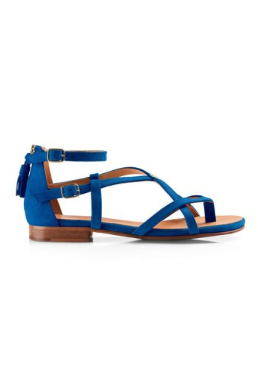 Fairfax & Favor Brancaster Sandal Suede. A pair of strappy Porto Blue coloured sandals with padded insole, tassel detail, and shield logo.