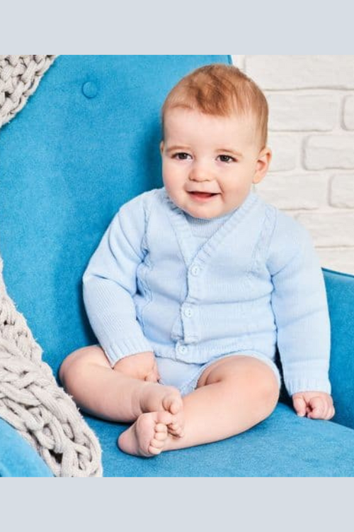 An image of the Dandelion Knitted Cardigan in Blue.