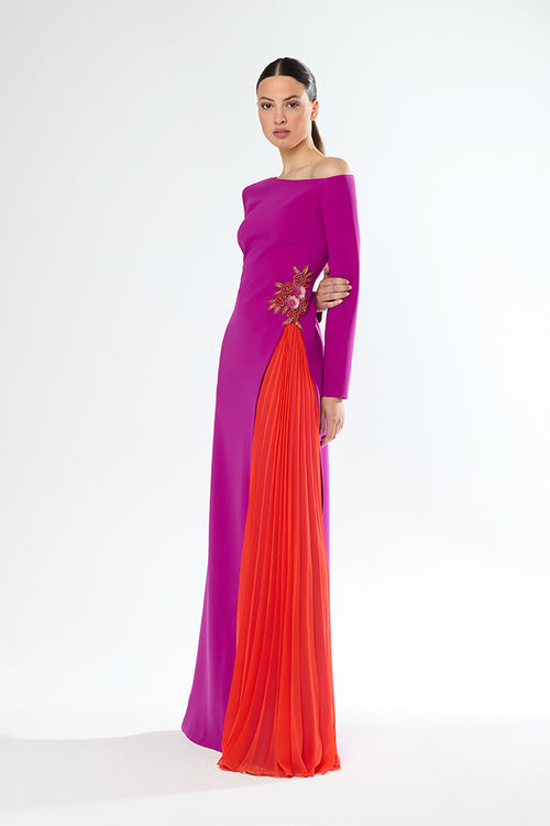 An image of the Carla Ruiz Pleated Keel Dress in Fuchsia.