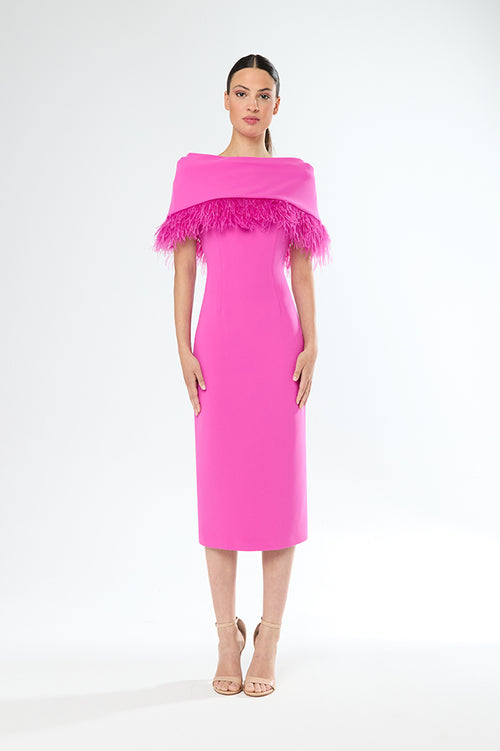 An image of the Carla Ruiz Feather Cape Dress