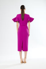 An image of the Carla Ruiz Ruffle Sleeve Dress in Fuchsia.