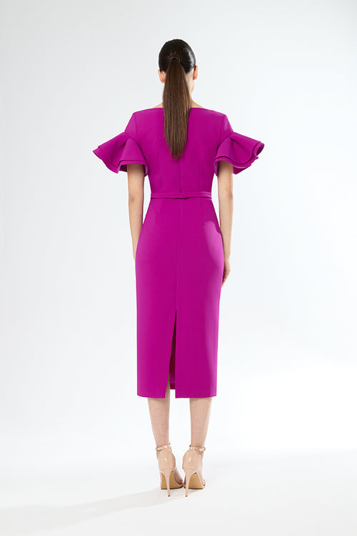 An image of the Carla Ruiz Ruffle Sleeve Dress in Fuchsia.