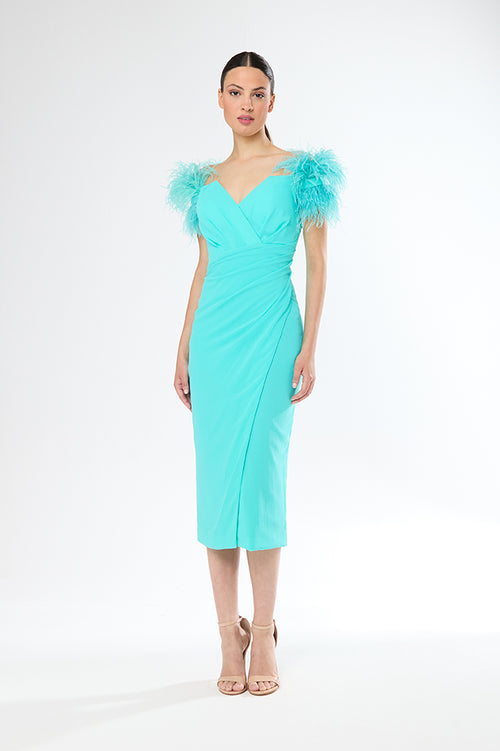 An image of the Carla Ruiz Midi Feather Dress in Turquoise.