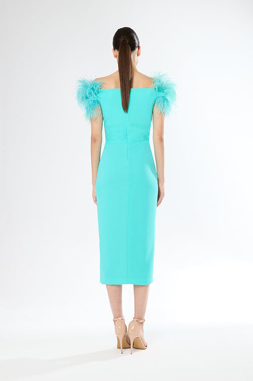 An image of the Carla Ruiz Midi Feather Dress in Turquoise.