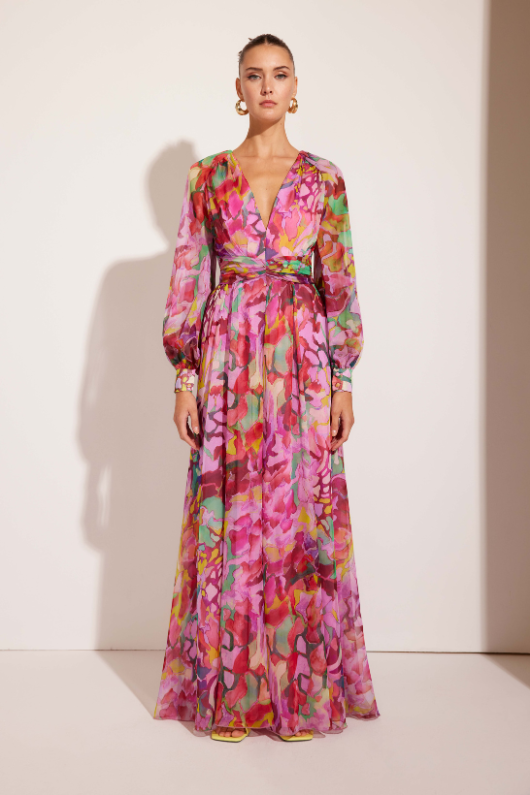 An image of the Carla Ruiz Flower Print Long Chiffon Dress