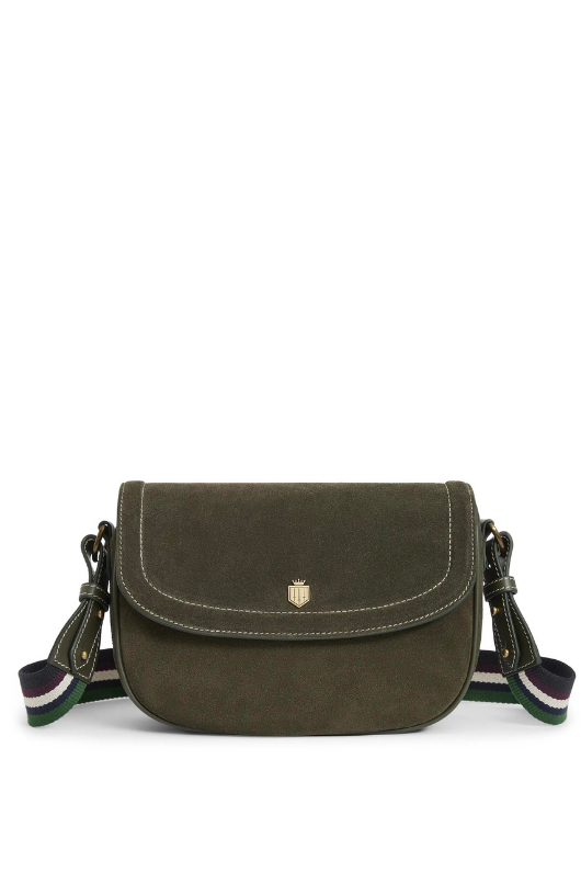 An image of the Fairfax & Favor Boston Handbag in Moss Green Suede.