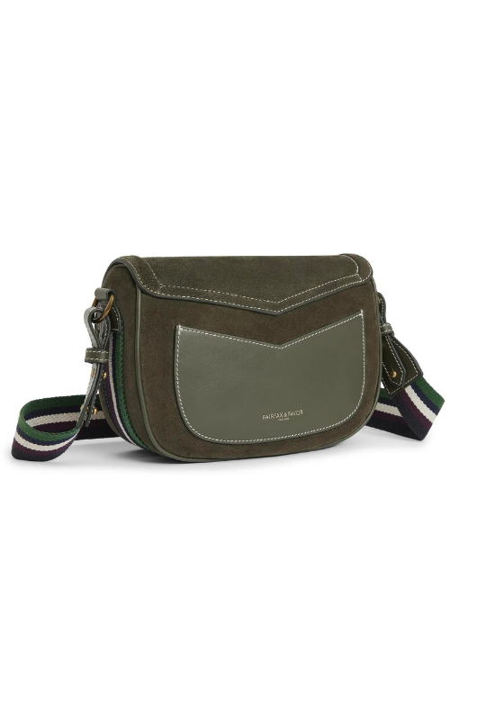 An image of the Fairfax & Favor Boston Handbag in Moss Green Suede.