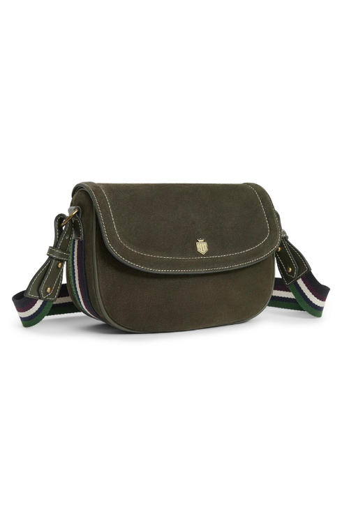 An image of the Fairfax & Favor Boston Handbag in Moss Green Suede.