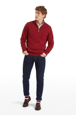 An image of the Schoffel Lewis Lambswool 1/4 Zip Jumper in Deep Red.