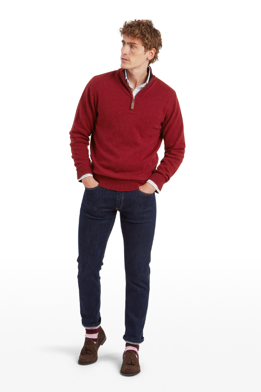 An image of the Schoffel Lewis Lambswool 1/4 Zip Jumper in Deep Red.