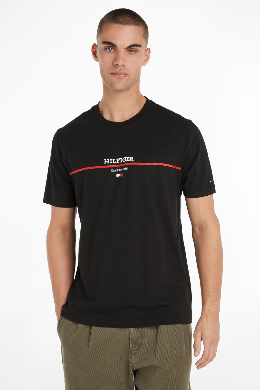 An image of the Tommy Hilfiger Hilfiger Stripe T-Shirt in Black.