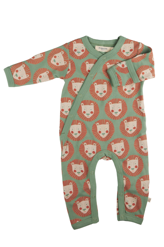 An image of the Pigeon Organics Kimono Romper in Lions- Basil.