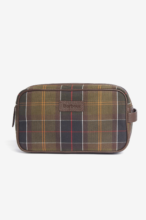 An image of the Barbour Tartan Leather Washbag in Classic Tartan.