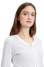 An image of a female model wearing the Betty Barclay Striped Short T-Shirt Jacket in the colour Grey White.