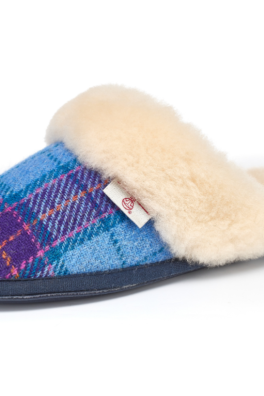 An image of the Bedroom Athletics Kate Harris Tweed Mules in Denim / Purple Check.