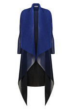 An image of the Alquema Collare Coat in Medieval Blue.