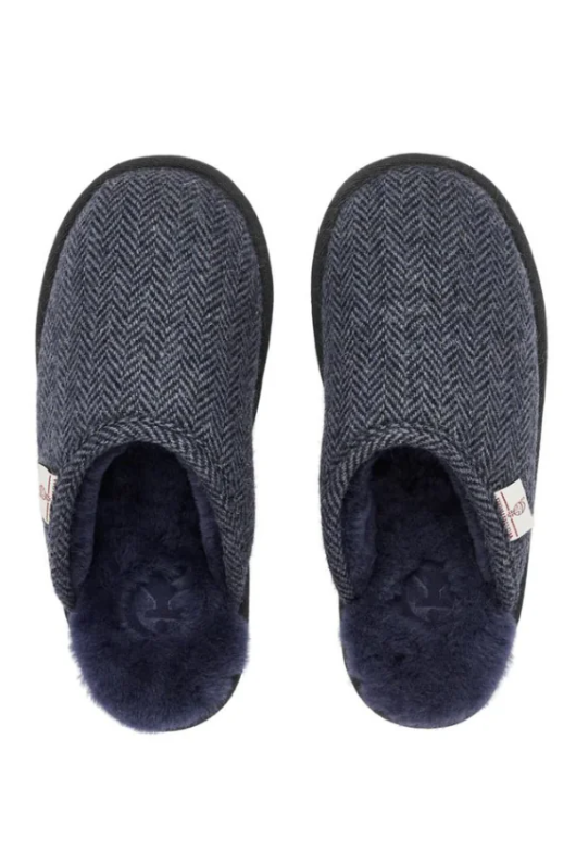 An image of the Bedroom Athletics William Harris Tweed Slippers in the colour Navy Herringbone.