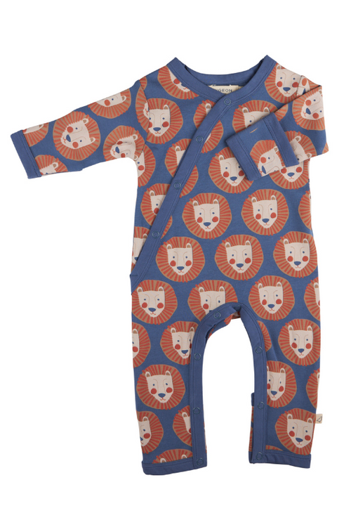 An image of the Pigeon Organics Kimono Romper in Lion Face - Night Blue.