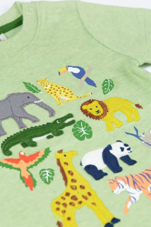 Frugi Little Creature Applique T-Shirt. A T-shirt with short sleeves, round neckline, shoulder poppers (up to 4 years), and animal applique on the front. This top is in the colour green.