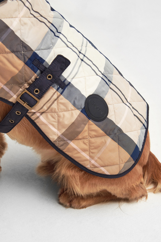 An image of a dog wearing the Barbour Tartan Dog Coat in the colour Primrose Hessian.