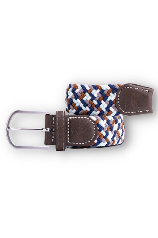 An image of the Swole Panda Woven belt in Navy/Grey/Brown.